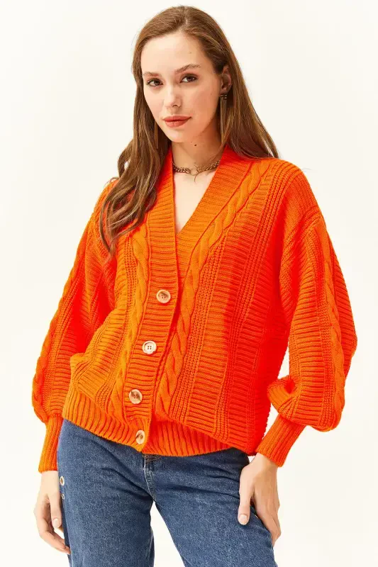 Woman Orange Thick Braided Knitted Cardigan HRK-19000082-Orange - 4