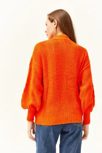 Woman Orange Thick Braided Knitted Cardigan HRK-19000082-Orange - 5