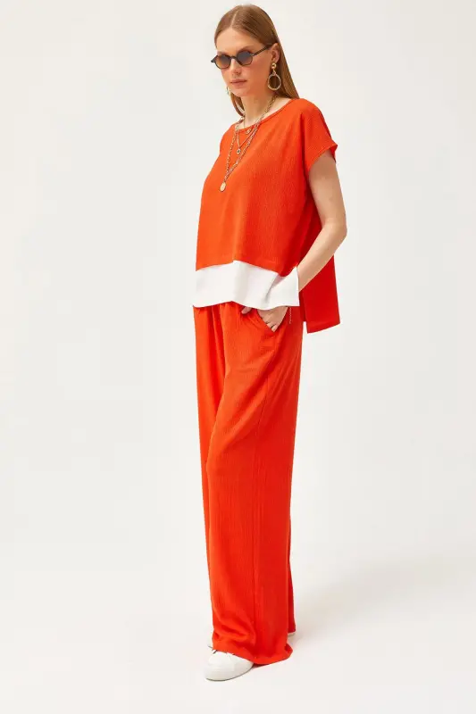 Woman Orange Top Blouse Bottom Pants Suit TKM-1900 - OLALOOK