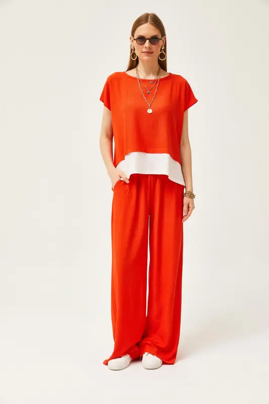 Woman Orange Top Blouse Bottom Pants Suit TKM-1900 - 2