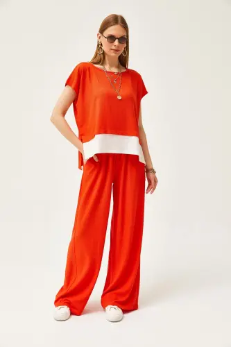 Woman Orange Top Blouse Bottom Pants Suit TKM-1900 - 3