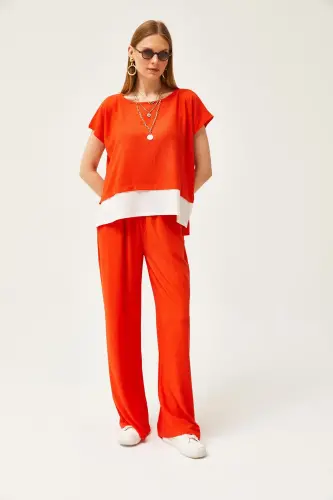 Woman Orange Top Blouse Bottom Pants Suit TKM-1900 - 4