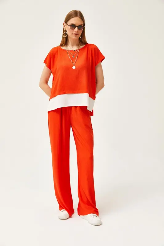 Woman Orange Top Blouse Bottom Pants Suit TKM-1900 - 4