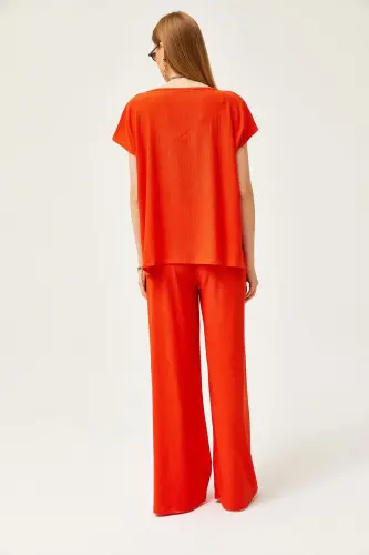 Woman Orange Top Blouse Bottom Pants Suit TKM-1900 - 5