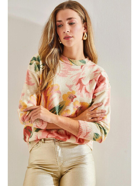 Woman Patchwork Knitted Sweater-Beige - 5