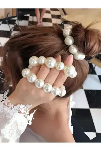 Woman Pearl Elastic Hair Tie-Small Cream - 1