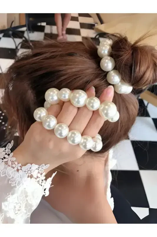 Woman Pearl Elastic Hair Tie-Small Cream - 1