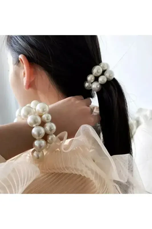 Woman Pearl Elastic Hair Tie-Small Cream - 2
