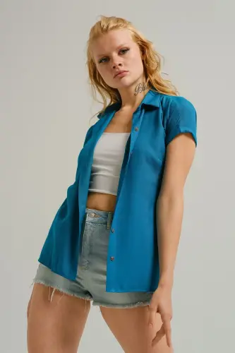 Woman Petrol Short Sleeve Shirt ARM-19Y001065-Petrol - 3