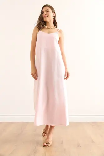 Woman Pink Adjustable Strap Double Layer Dress - OLALOOK (1)