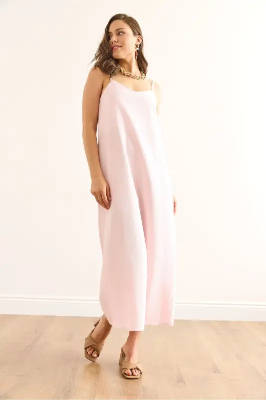 Woman Pink Adjustable Strap Double Layer Dress - 4