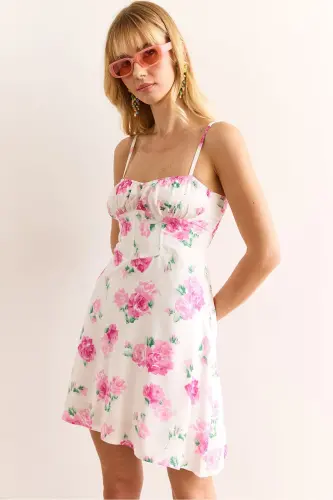 Woman Pink Adjustable Strap Lined Mini Dress - 1