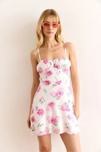 Woman Pink Adjustable Strap Lined Mini Dress - 3