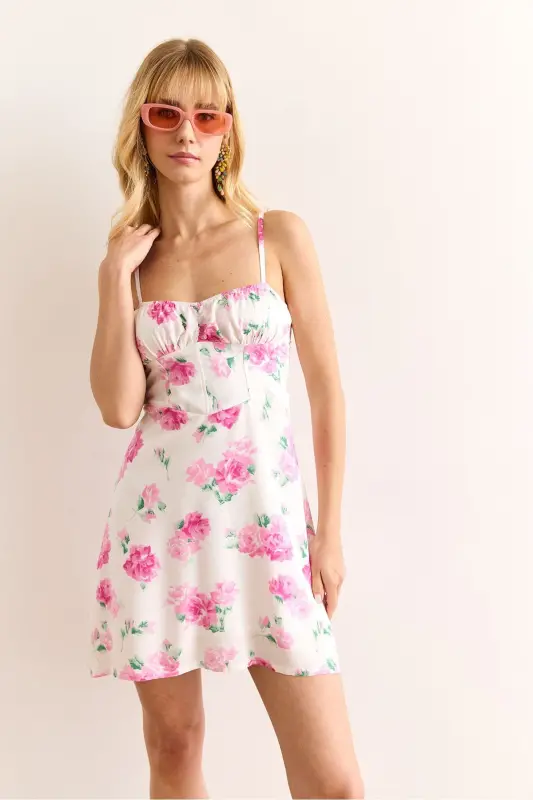 Woman Pink Adjustable Strap Lined Mini Dress - 4