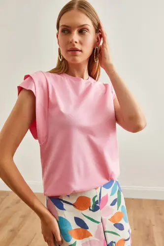 Woman Pink Arm Detailed Cotton T-Shirt TSH-19000819- 
