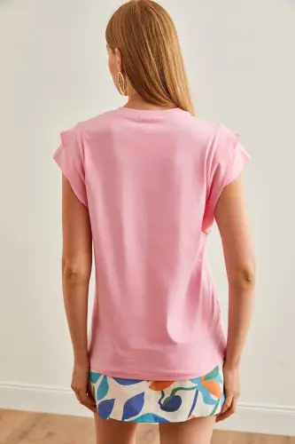 Woman Pink Arm Detailed Cotton T-Shirt TSH-19000819- - OLALOOK (1)