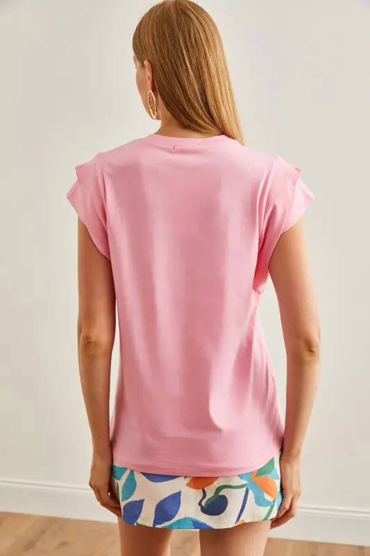 Woman Pink Arm Detailed Cotton T-Shirt TSH-19000819- - 2