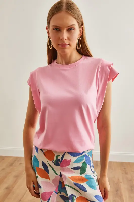 Woman Pink Arm Detailed Cotton T-Shirt TSH-19000819- - 3