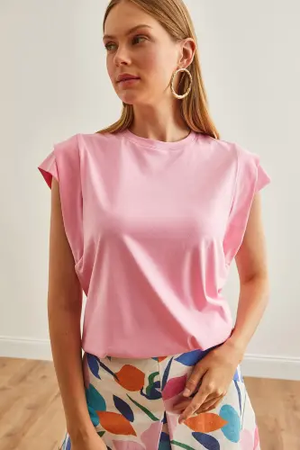 Woman Pink Arm Detailed Cotton T-Shirt TSH-19000819- - 7
