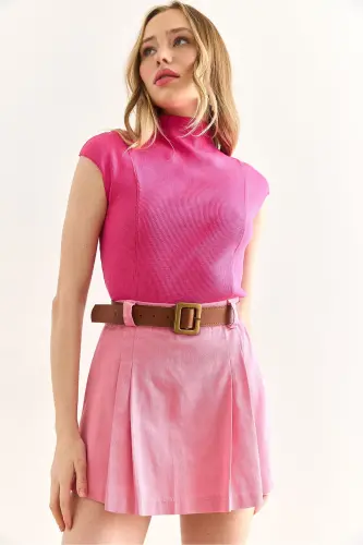 Woman Pink Belted Gabardine Shorts Skirt ETK-19000 - 4