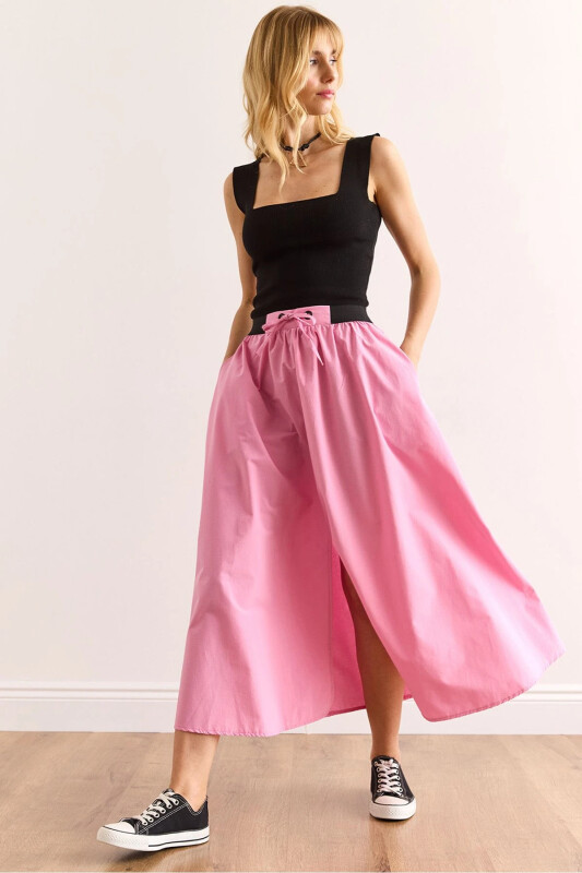 Woman Pink Black Strappy Slit Front Lace-up Mi - OLALOOK