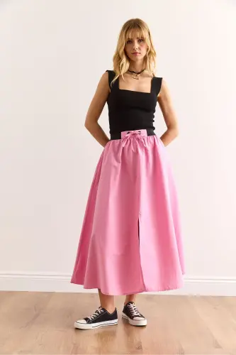 Woman Pink Black Strappy Slit Front Lace-up Mi - 3