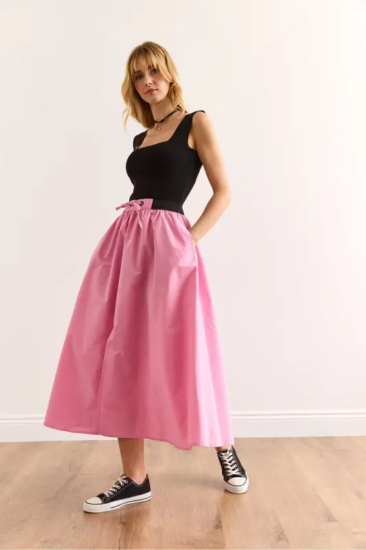 Woman Pink Black Strappy Slit Front Lace-up Mi - 7