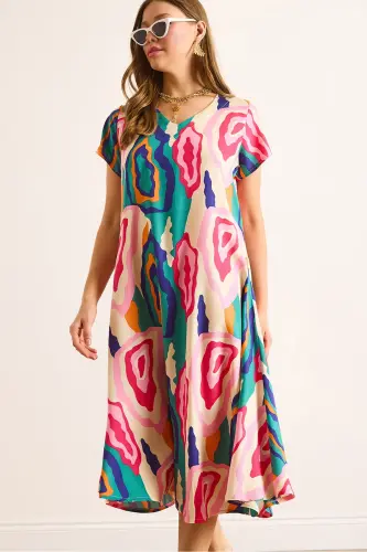 Woman Pink Blue V Neck Patterned Woven Viscose Midi Flared Dress ELB-19002443-Pink Blue - 1