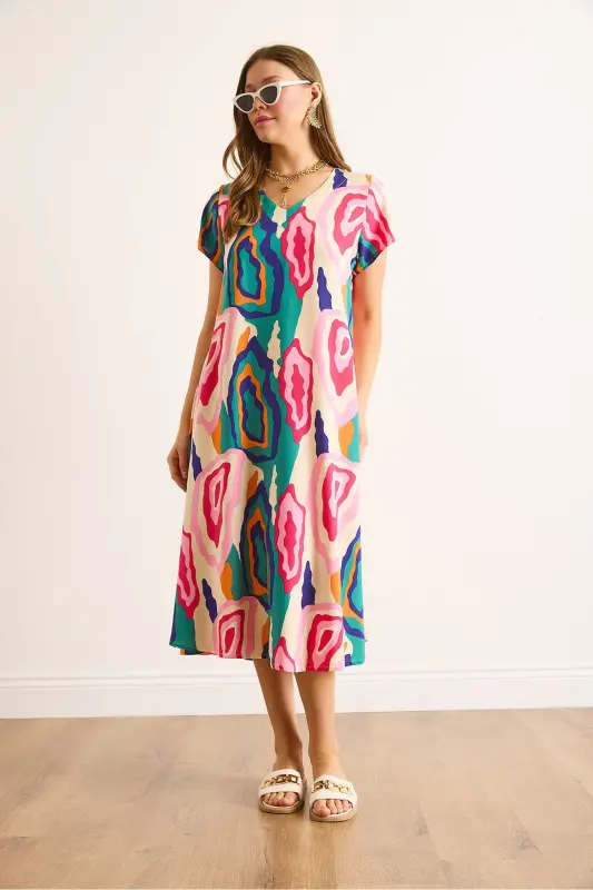 Woman Pink Blue V Neck Patterned Woven Viscose Midi Flared Dress ELB-19002443-Pink Blue - 2