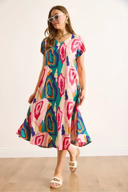 Woman Pink Blue V Neck Patterned Woven Viscose Midi Flared Dress ELB-19002443-Pink Blue - 3