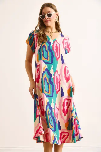 Woman Pink Blue V Neck Patterned Woven Viscose Midi Flared Dress ELB-19002443-Pink Blue - 4