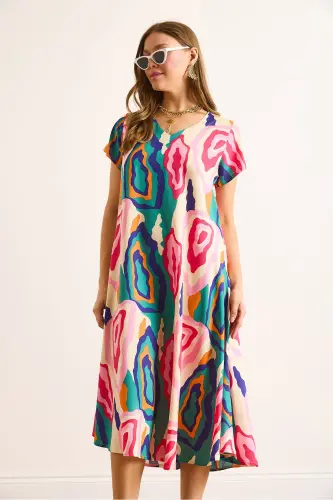 Woman Pink Blue V Neck Patterned Woven Viscose Midi Flared Dress ELB-19002443-Pink Blue - 5