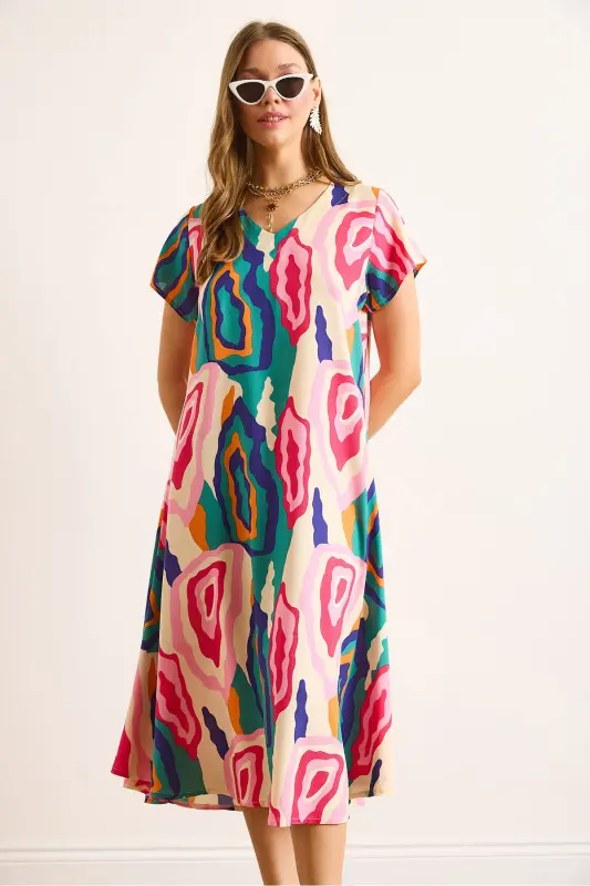 Woman Pink Blue V Neck Patterned Woven Viscose Midi Flared Dress ELB-19002443-Pink Blue - 6