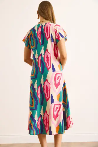 Woman Pink Blue V Neck Patterned Woven Viscose Midi Flared Dress ELB-19002443-Pink Blue - 7