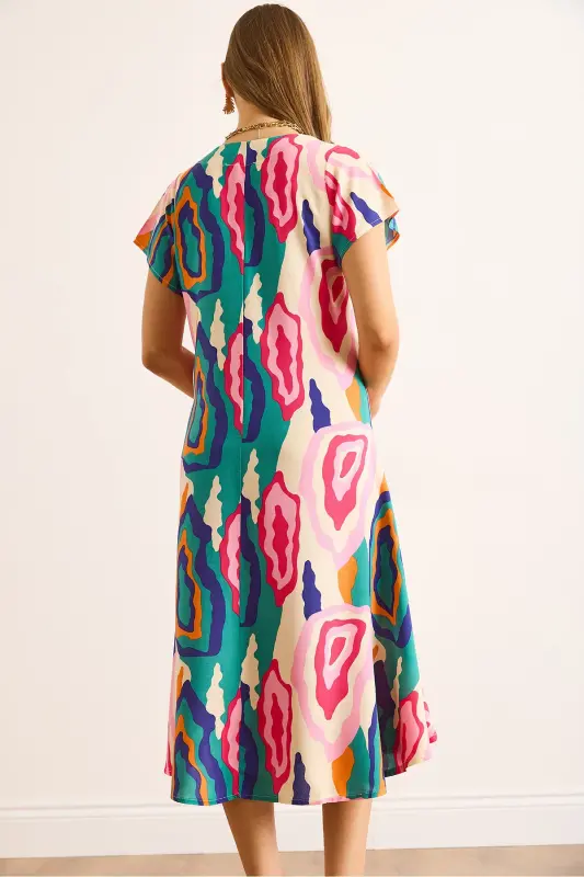 Woman Pink Blue V Neck Patterned Woven Viscose Midi Flared Dress ELB-19002443-Pink Blue - 7