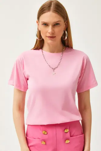 Woman Pink Crew Neck Basic T-Shirt TSH-1900077 