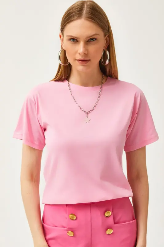 Woman Pink Crew Neck Basic T-Shirt TSH-1900077 - OLALOOK