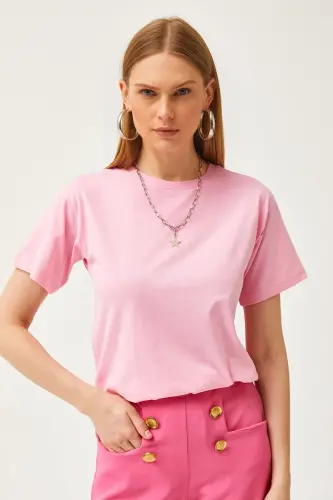 Woman Pink Crew Neck Basic T-Shirt TSH-1900077 - 3
