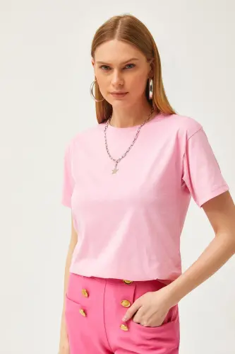 Woman Pink Crew Neck Basic T-Shirt TSH-1900077 - 4