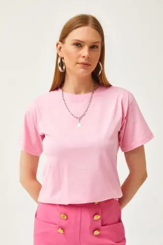Woman Pink Crew Neck Basic T-Shirt TSH-1900077 - 5
