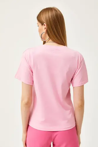 Woman Pink Crew Neck Basic T-Shirt TSH-1900077 - 6