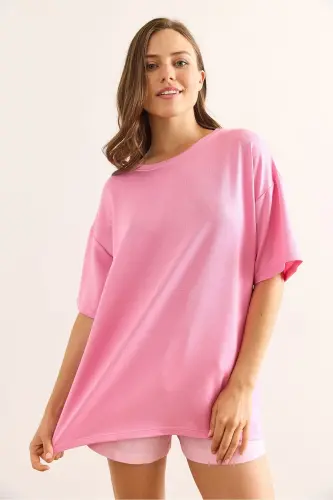 Woman Pink Crew Neck Oversize Soft Touch - OLALOOK (1)