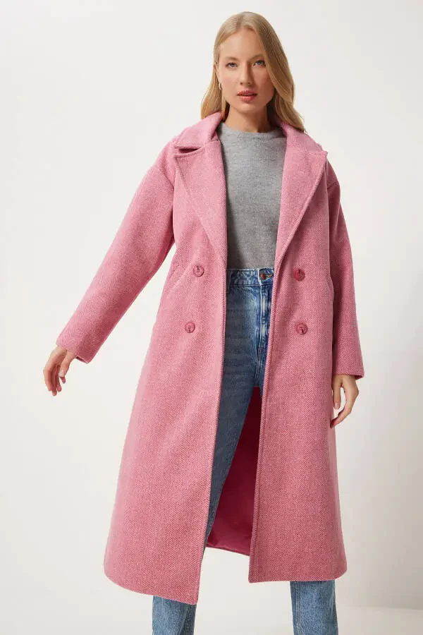 Woman Pink Crossover Collar Wool Coat DD01337-Pink - 1