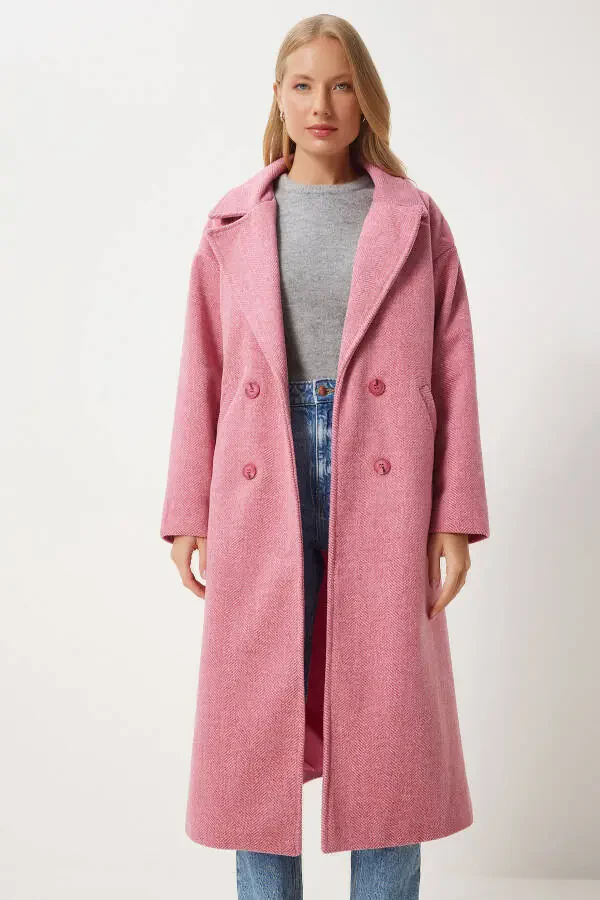 Woman Pink Crossover Collar Wool Coat DD01337-Pink - 2