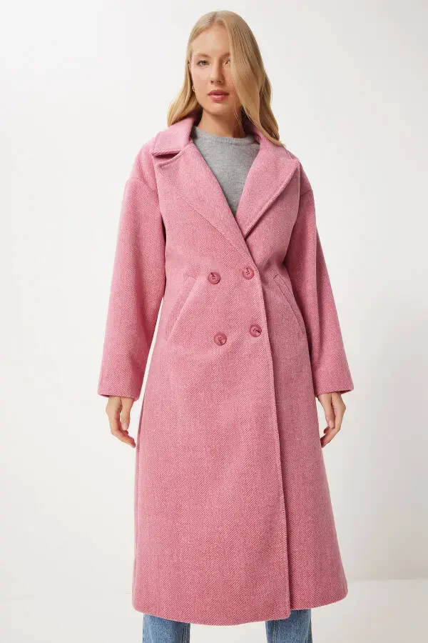 Woman Pink Crossover Collar Wool Coat DD01337-Pink - 3