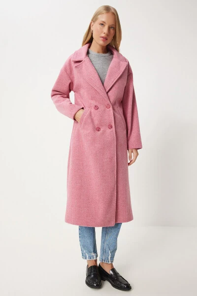 Woman Pink Crossover Collar Wool Coat DD01337-Pink - 4