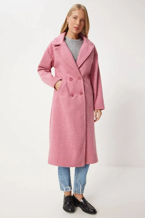 Woman Pink Crossover Collar Wool Coat DD01337-Pink - 4