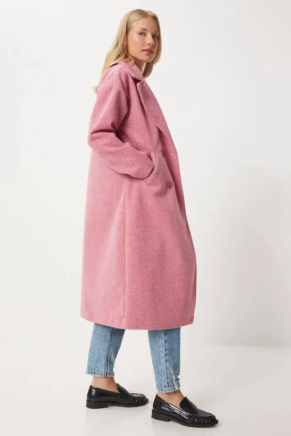 Woman Pink Crossover Collar Wool Coat DD01337-Pink - 5