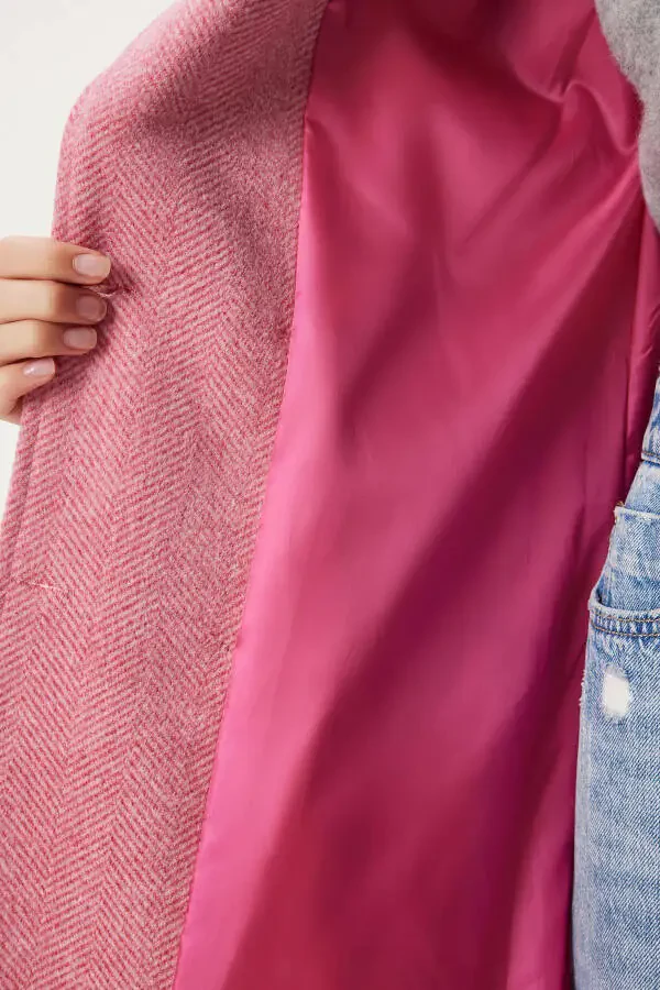Woman Pink Crossover Collar Wool Coat DD01337-Pink - 6