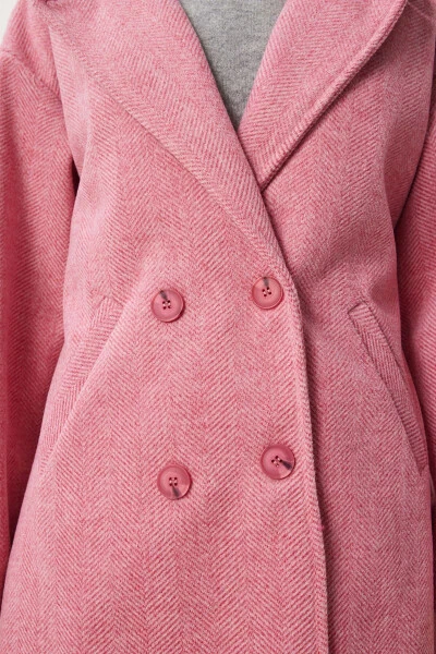 Woman Pink Crossover Collar Wool Coat DD01337-Pink - 7